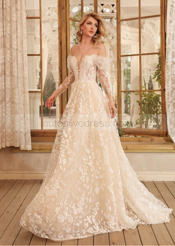 Off Shoulder Floral Lace Tulle Chic Wedding Dress